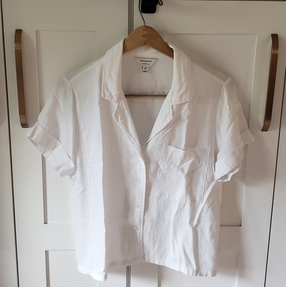 Banana Republic Shirt Womens M White Linen Blend Safari Crop Button Front Blouse